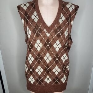 Vintage Grubb Stuff Argyle Brown Tan Sweater Vest Size Large